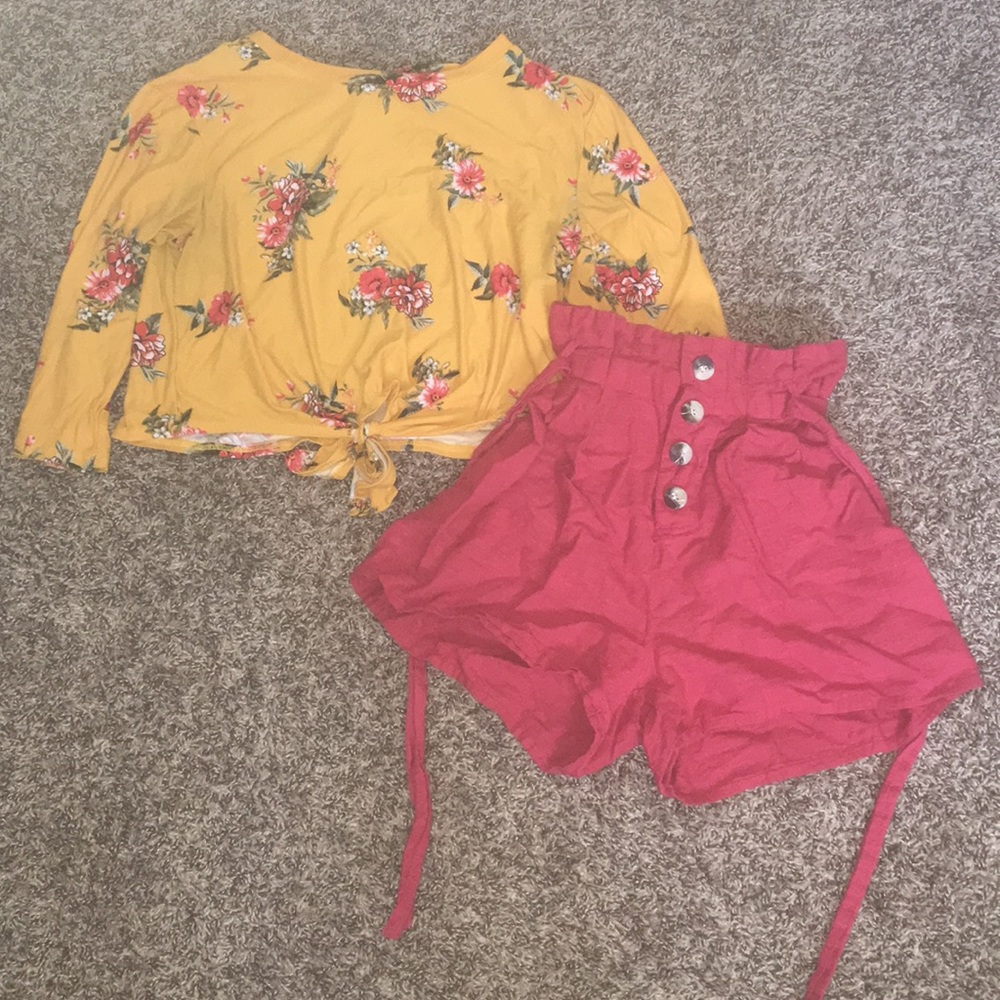 Two Piece Outfit. Red Shorts & Gold Cropped Top